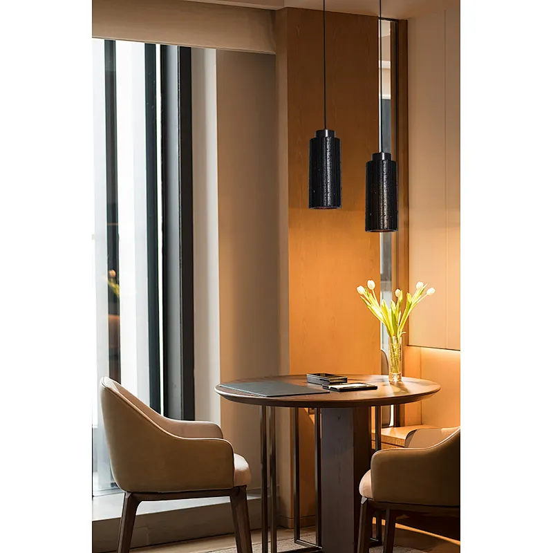 Carved column natural black travertine stone bedside pendant light