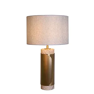Unique design antique brass finish natural travertine stone desk table lamp with fabric lampshade for living room bedroom
