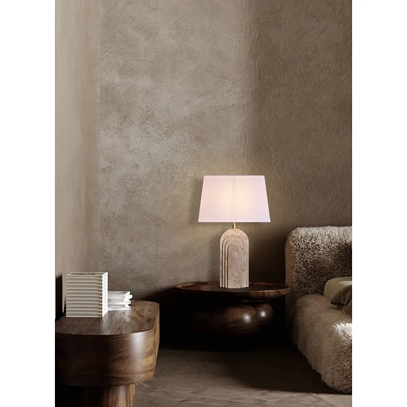 Arched layers natural travertine stone desk table lamp with fabric lampshade for living room bedroom