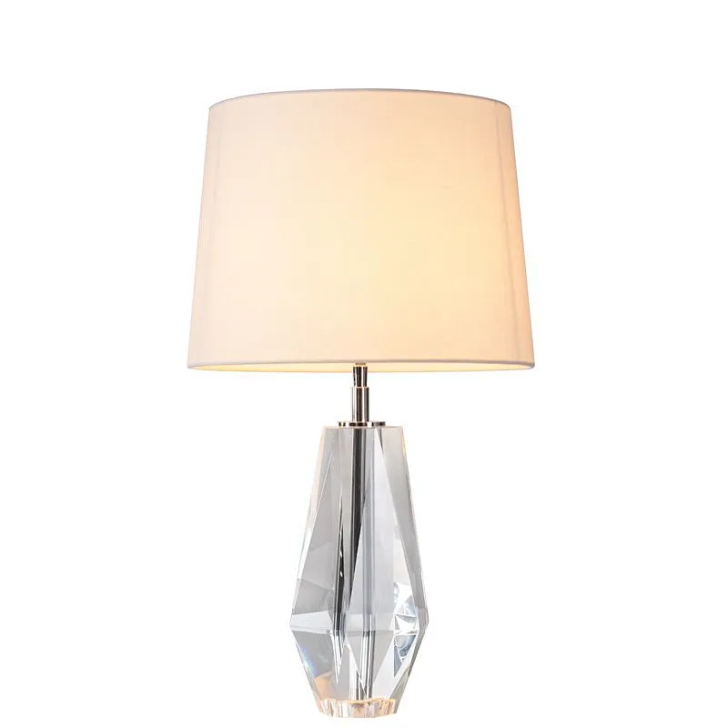 Hexagonal multifaceted crystal glass base with linen fabric lampshade bedside table lamp for bedroom