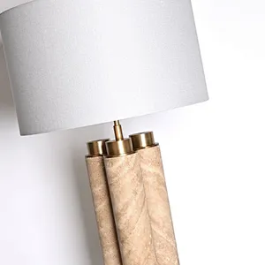 3-Clump natural travertine stone desk table lamp with fabric lampshade for living room bedroom