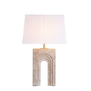 Arched door natural travertine stone desk table lamp with fabric lampshade for living room bedroom