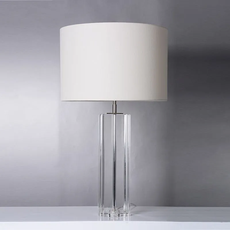 Square column slotted clear crystal glass table lamp with linen lampshade