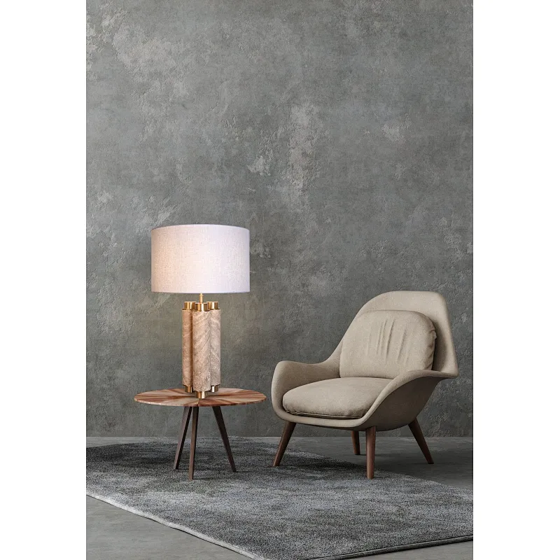 3-Clump natural travertine stone desk table lamp with fabric lampshade for living room bedroom