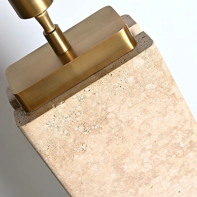 Unique design rectangular antique brass finish natural travertine stone desk table lamp with fabric lampshade for living room bedroom