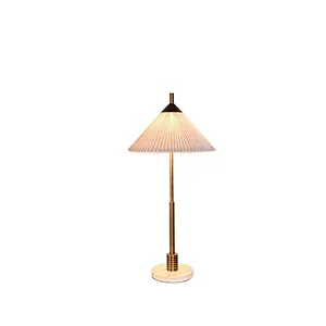 Simple conical pleated fabric lampshade antique brass finish table lamp