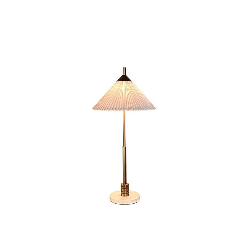 Simple conical pleated fabric lampshade antique brass finish table lamp