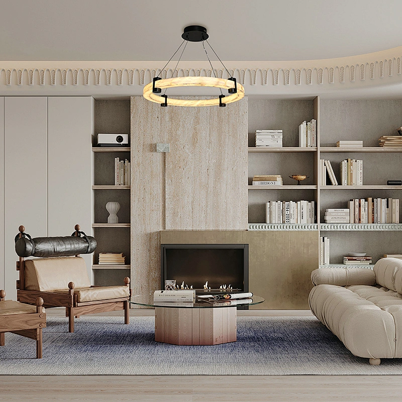 32inch luxury antique bronze hand dyeing alabaster ring pendant lamp for restaurant light living room