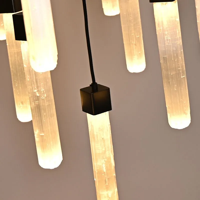 Circular Combination Bronze Finish Natural Selenite Stone Hanging Lights For Restaurant Livingroom