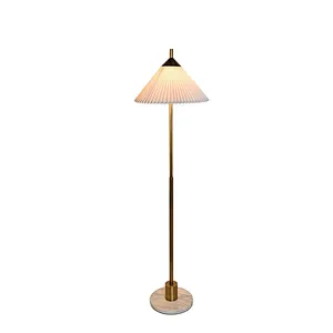 Simple conical pleated fabric lampshade antique brass finish floor lamp