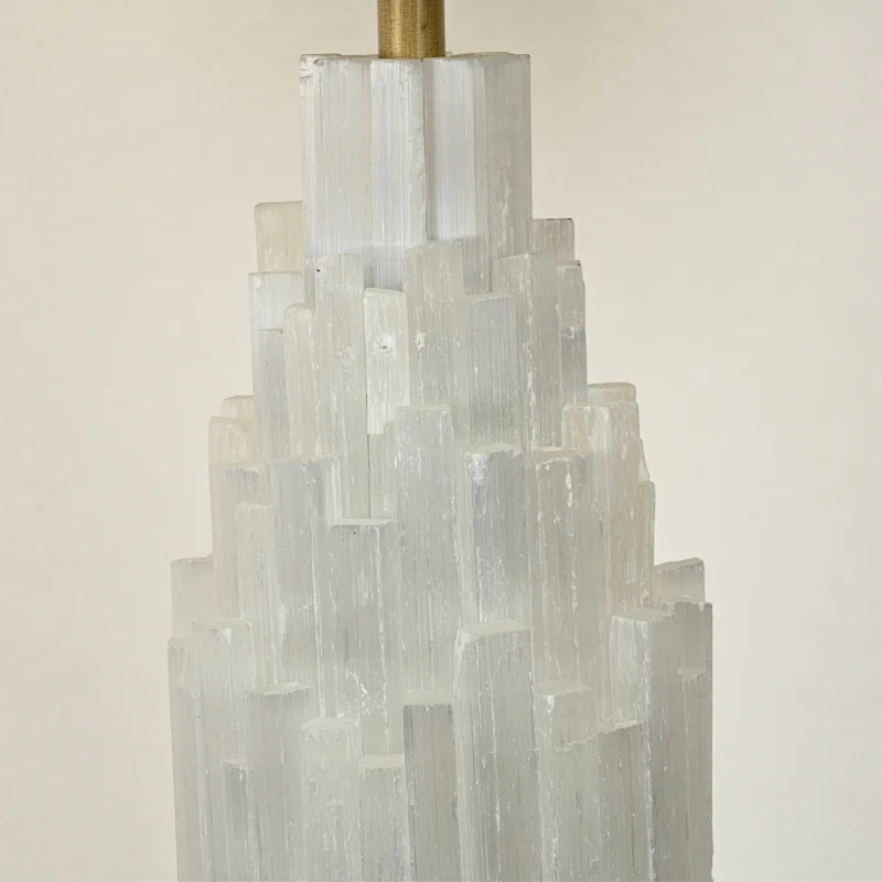 Unique translucent tiered natural selenite stone table lamp with fabric lampshade for bedroom livingroom