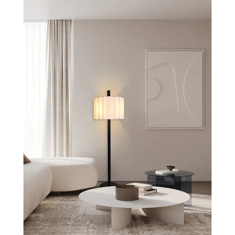 Quincunx fabric-shade bronze striated tube floor lamp