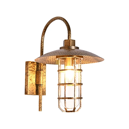 Forged antique brass finish single head bent arm copper explosion-proof glass cover outdoor wall lamp