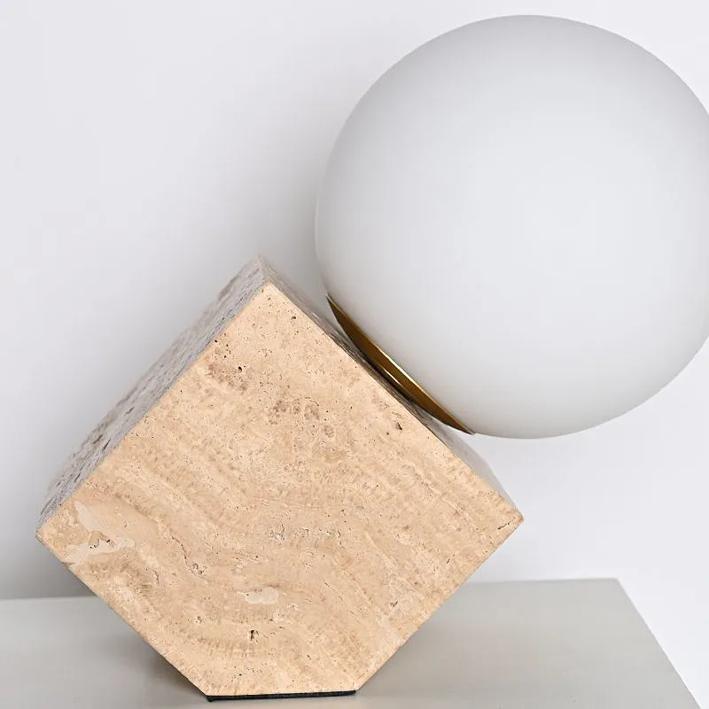 Opal glass ball travertine cube base bedside dimmable table light