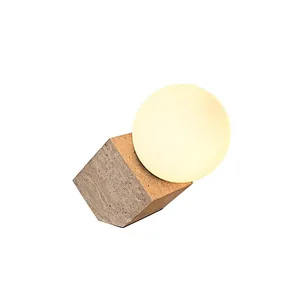 Opal glass ball travertine cube base bedside dimmable table light