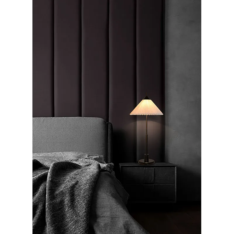 Simple conical pleated fabric lampshade bronze finish table lamp