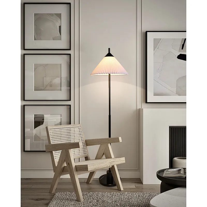 Simple conical pleated fabric lampshade bronze finish floor lamp