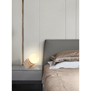 Opal glass ball travertine cube base bedside dimmable table light