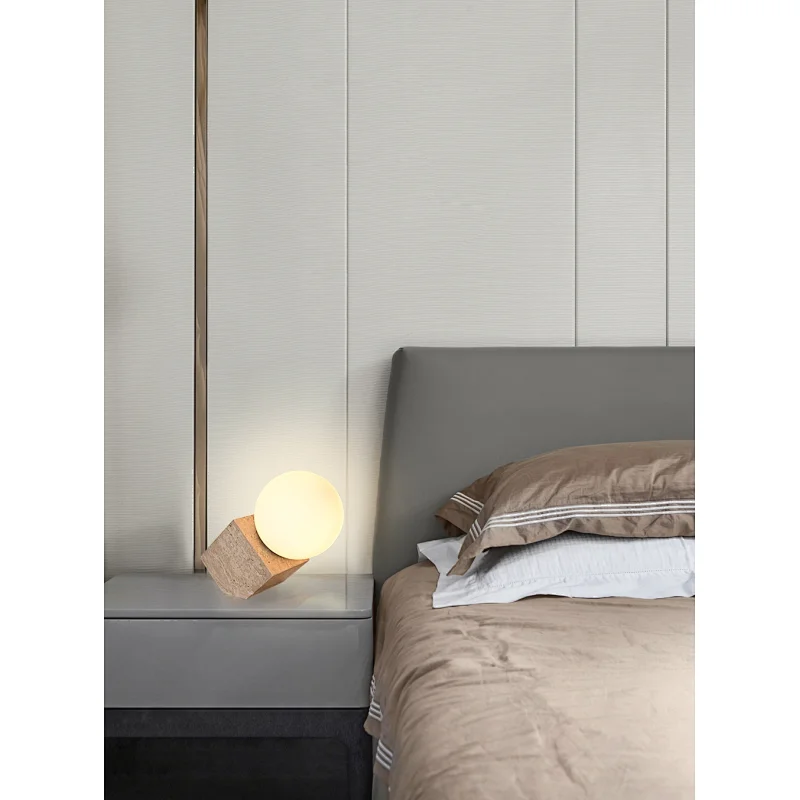 Opal glass ball travertine cube base bedside dimmable table light