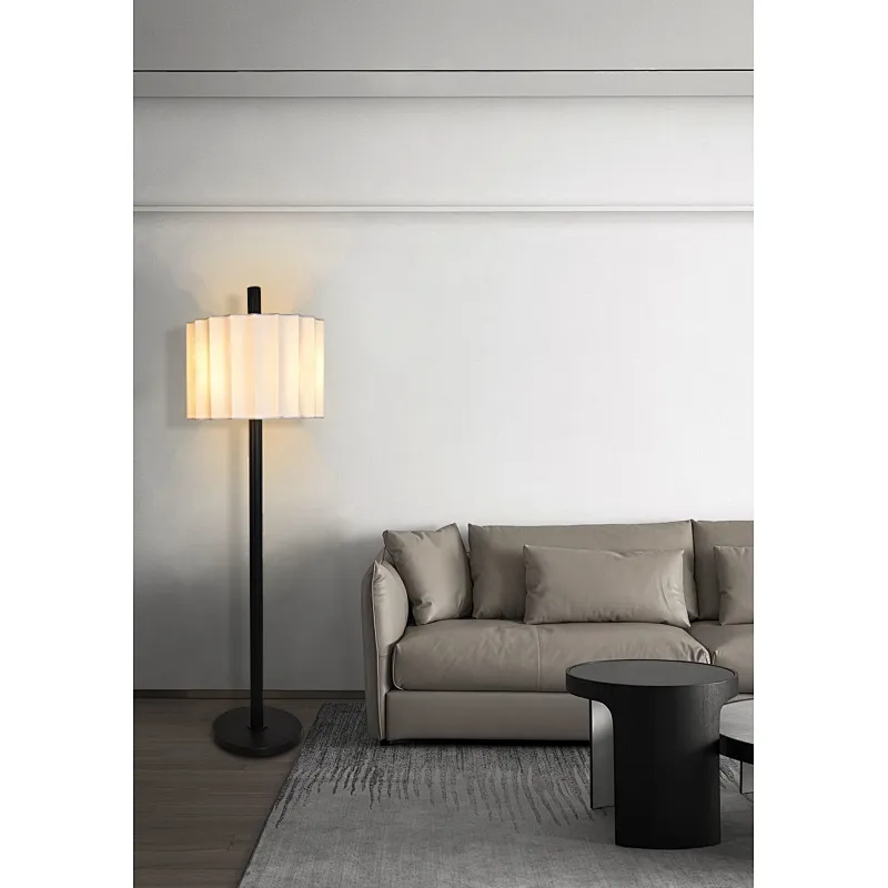 Quincunx fabric-shade bronze striated tube floor lamp