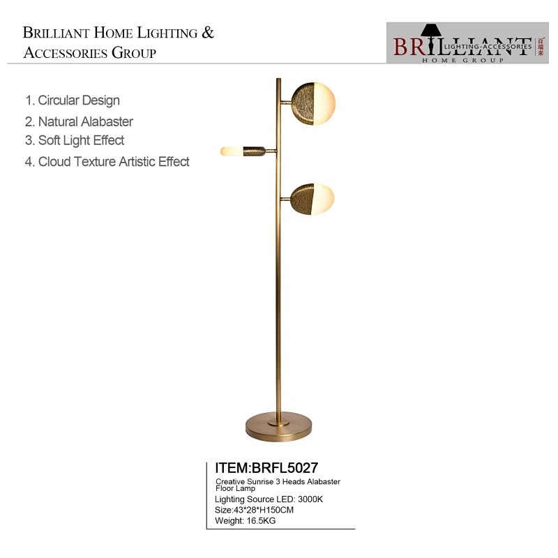 Creative sunrise 3 heads luxury antique brass hand dyeing finish alabaster standing floor lamp for living room bedroom