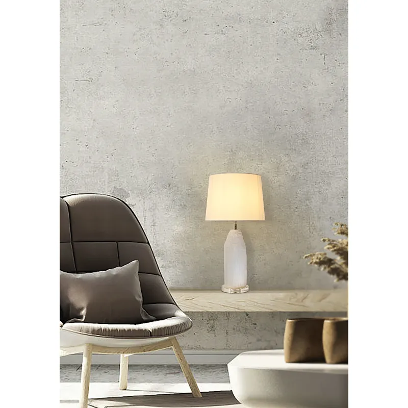 Luxury Natural Selenite Stone Column Table Lamp With Fabric Shade for living room sofa side bedside light