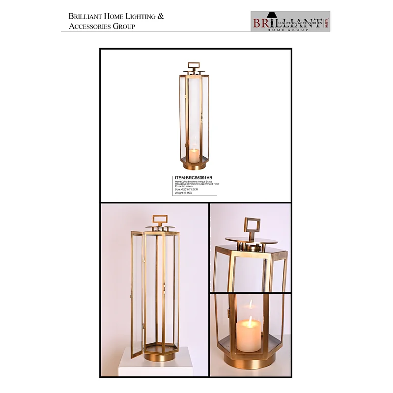 Hand dying brushed antique brass hexagonal windshield copper hand-held portable lantern