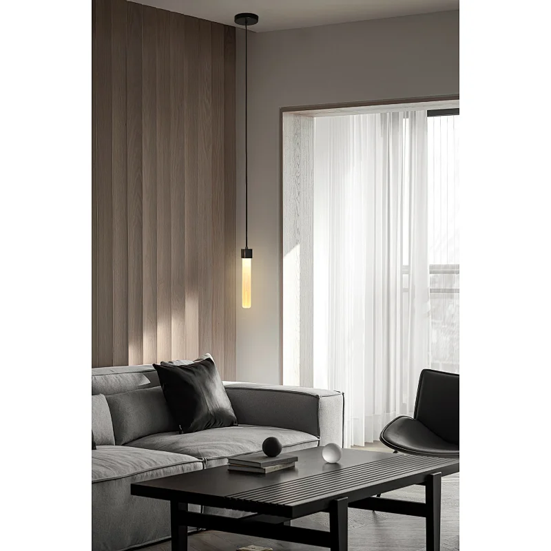 Single Natural Selenite Stone Bronze Finish Hanging Light For Restaurant Bedside Light
