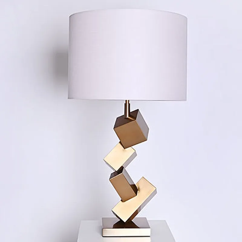 Polished brass steel smart cubes desk table lamp with fabric shade