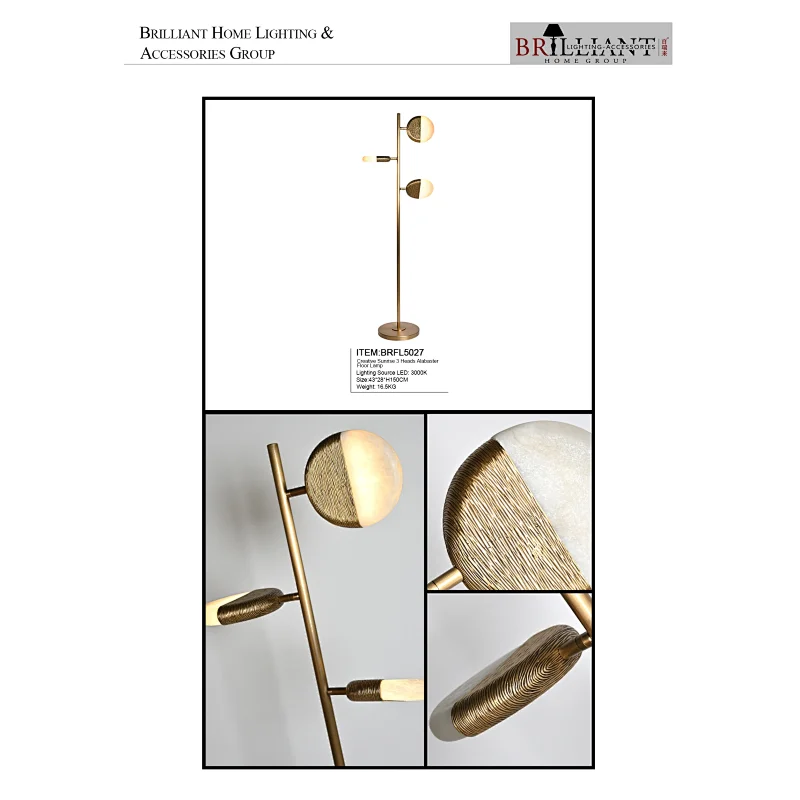 Creative sunrise 3 heads luxury antique brass hand dyeing finish alabaster standing floor lamp for living room bedroom