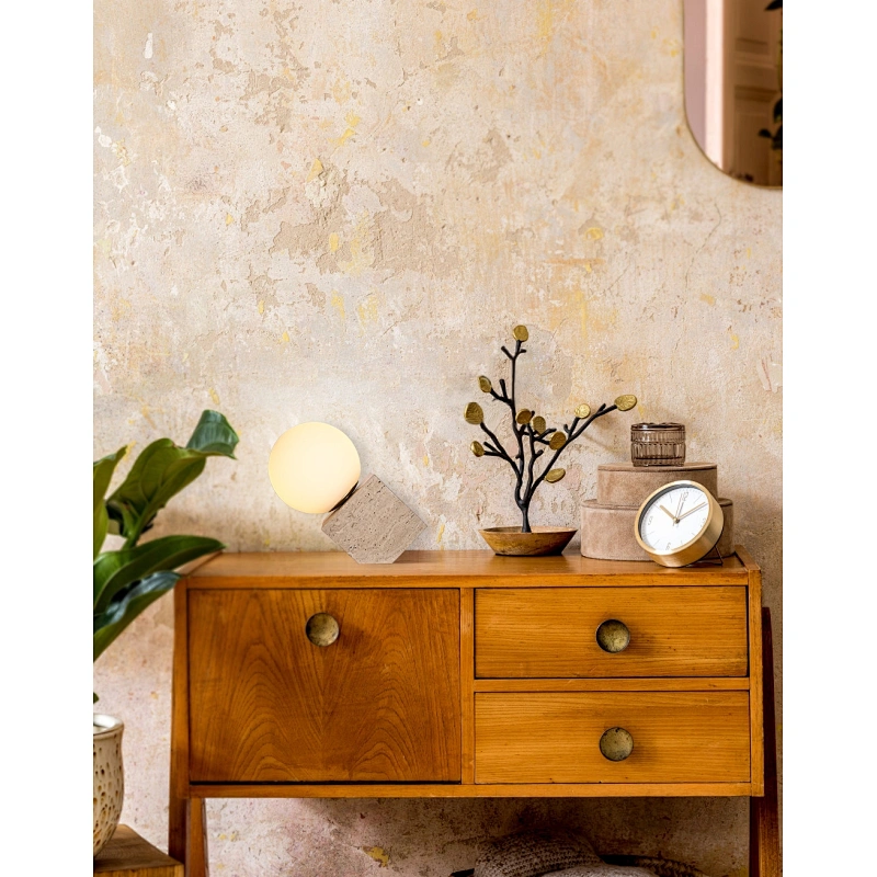 Opal glass ball travertine cube base bedside dimmable table light