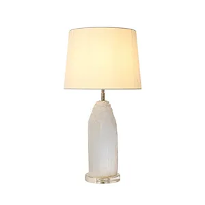 Luxury Natural Selenite Stone Column Table Lamp With Fabric Shade for living room sofa side bedside light