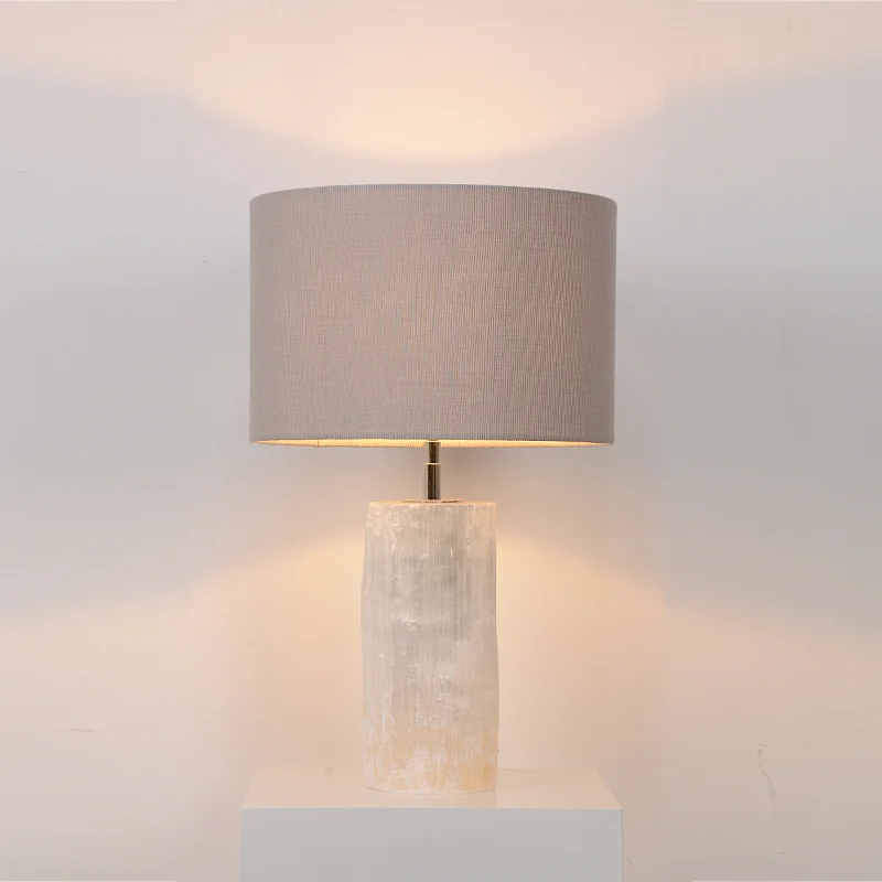 Luxury Natural Selenite Stone Column Table Lamp With Fabric Shade for living room sofa side bedside light