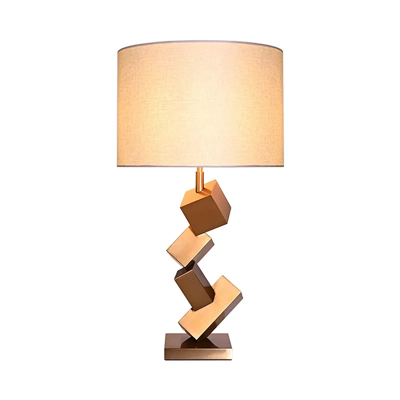 Polished brass steel smart cubes desk table lamp with fabric shade