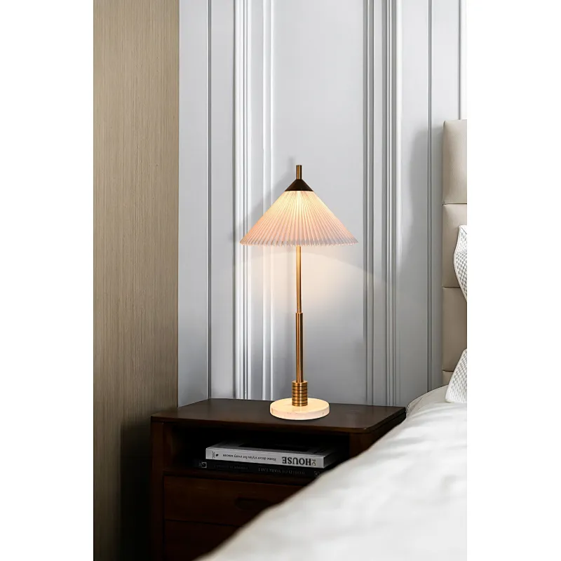 Simple conical pleated fabric lampshade antique brass finish table lamp