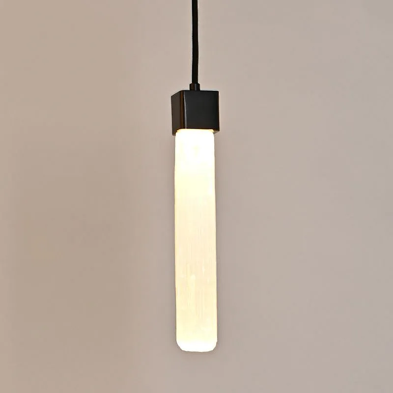 Single Natural Selenite Stone Bronze Finish Hanging Light For Restaurant Bedside Light