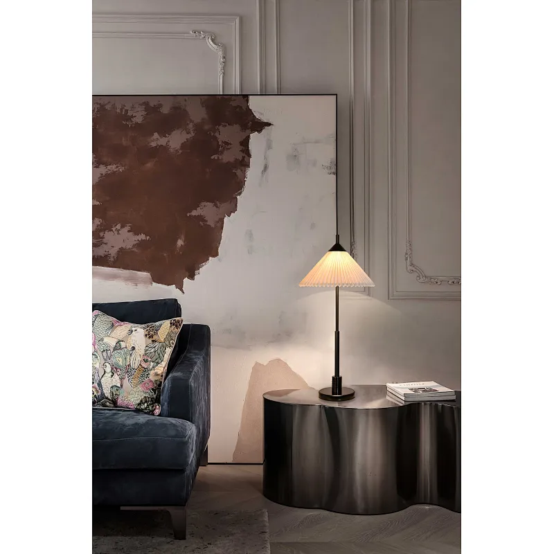 Simple conical pleated fabric lampshade bronze finish table lamp