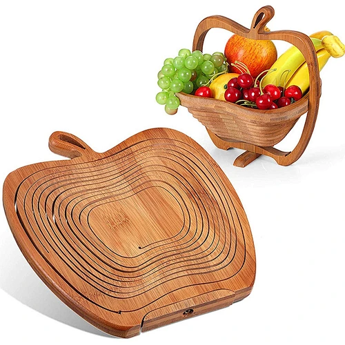 Custom Apple Shape Bamboo Collapsible Fruit Gift Basket with Handle