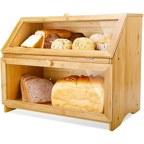 Bamboo Bread Box Double Layer Rolltop Bread Bin for Kitchen Countertop