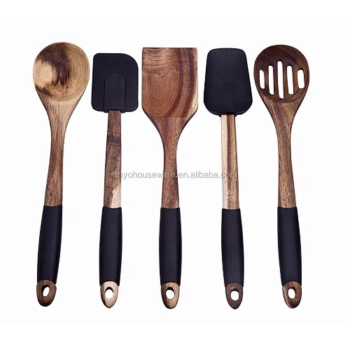5 Piece Acacia Wooden Spoon, Spatula and Turner Utensil Set with Non-Slip Silicone Handles