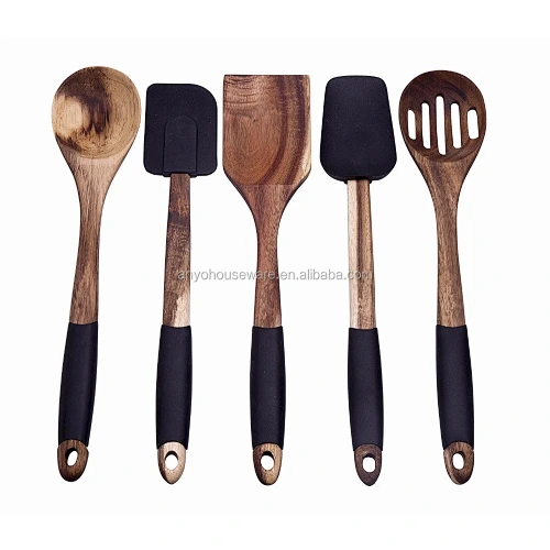 5 Piece Acacia Wooden Spoon, Spatula and Turner Utensil Set with Non-Slip Silicone Handles