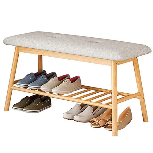 Bamboo Shoe Bench Storage with Cushion Upholstered Padded Seat