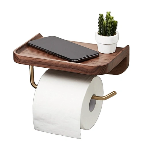 Bathroom Wall Mount Walnut Wooden Toilet Paper Holder with  Brass Metal for Home Hotel