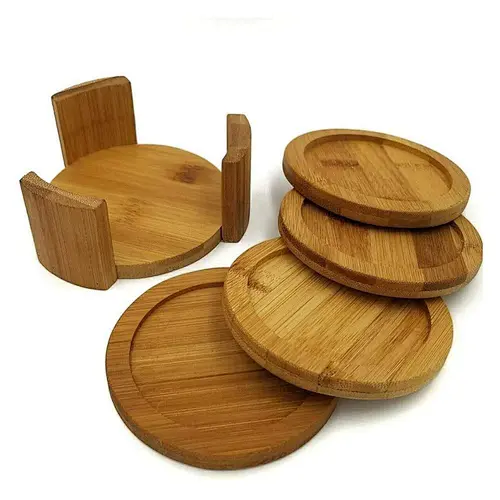 Wholesale Natural Custom Printed Round Bamboo Coasters and Holder for Drinks, Beverages, Beer, Coffee