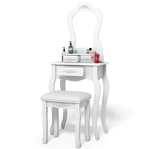 Vanity Wooden Makeup Dressing Table Stool Set Bedroom with Mirror