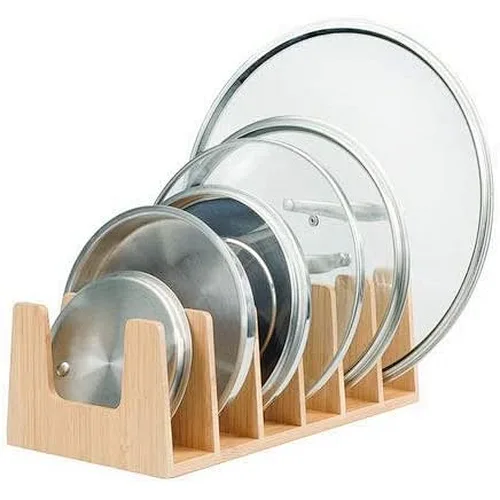 6 Sections Bamboo Pot Lid Holder Organizer for Storage in Cabinets or Kitchen Countertops