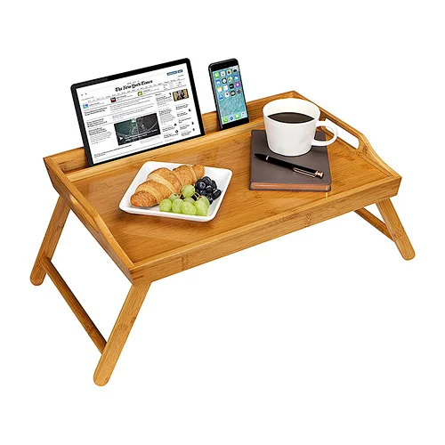 Bamboo Foldable Food Table Laptop Adjustable Bed Tray for Breakfast With Leg and Phone Holder