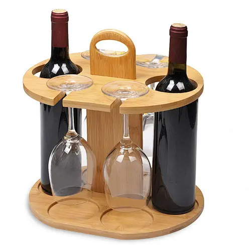 Organic Bamboo Wine Bottle Holder Glass Cup Rack with Handle