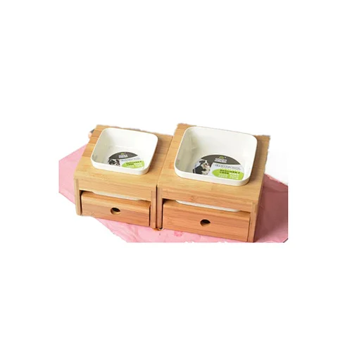New Design Bamboo Bowl Feeder Cat With Storage Drawer