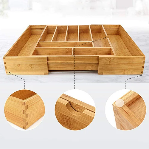 Bamboo Kitchen Drawer Organizer Adjustable Utensil Holder and Cutlery Tray Organiser